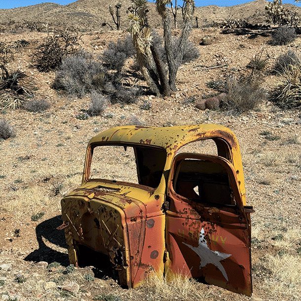 Shot-up military truck in the Joshua trees