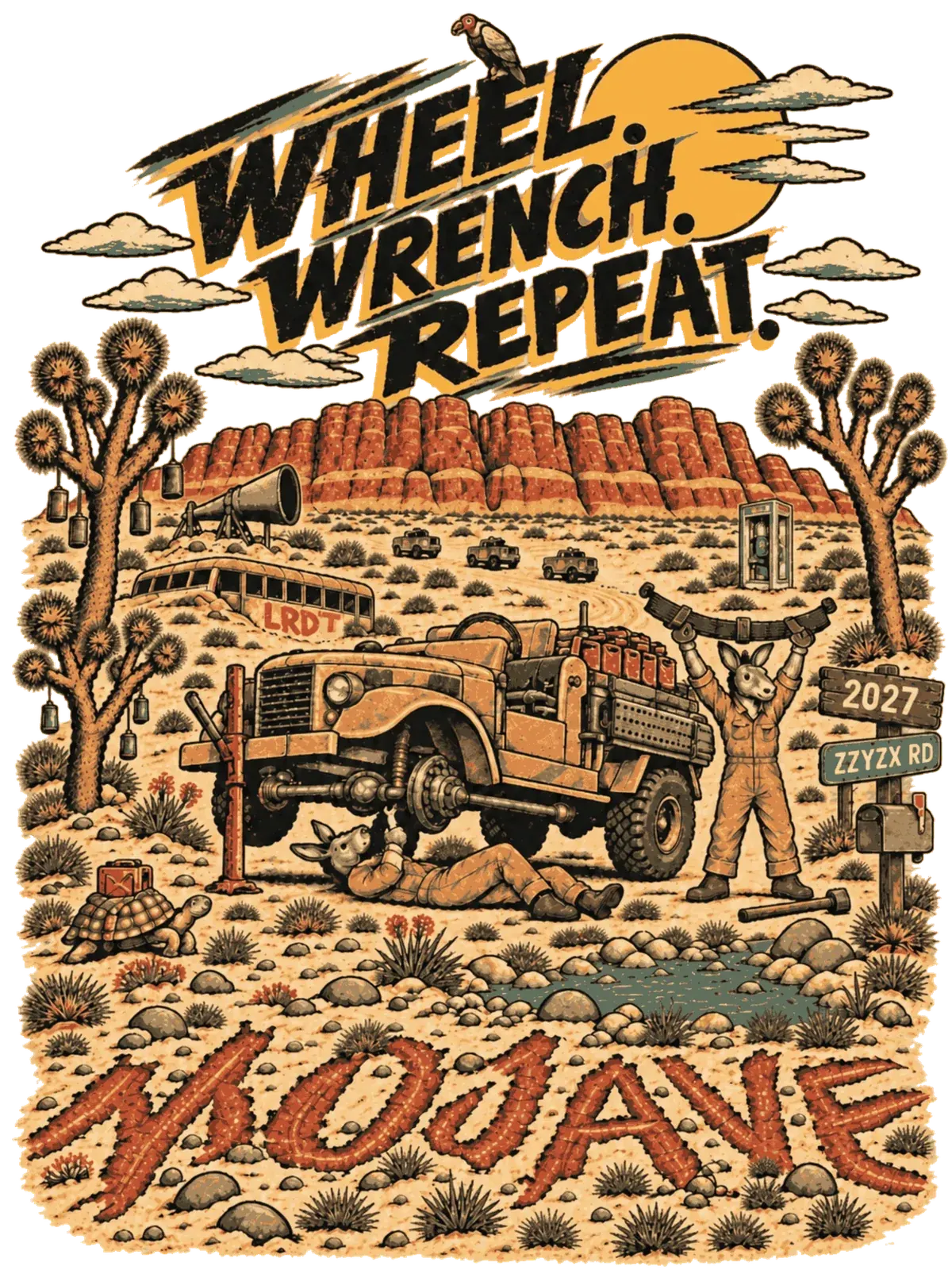 The 2027 expedition poster: an LRDG truck on a Hi-Lift, two donkeys doing the work, Afton Canyon behind