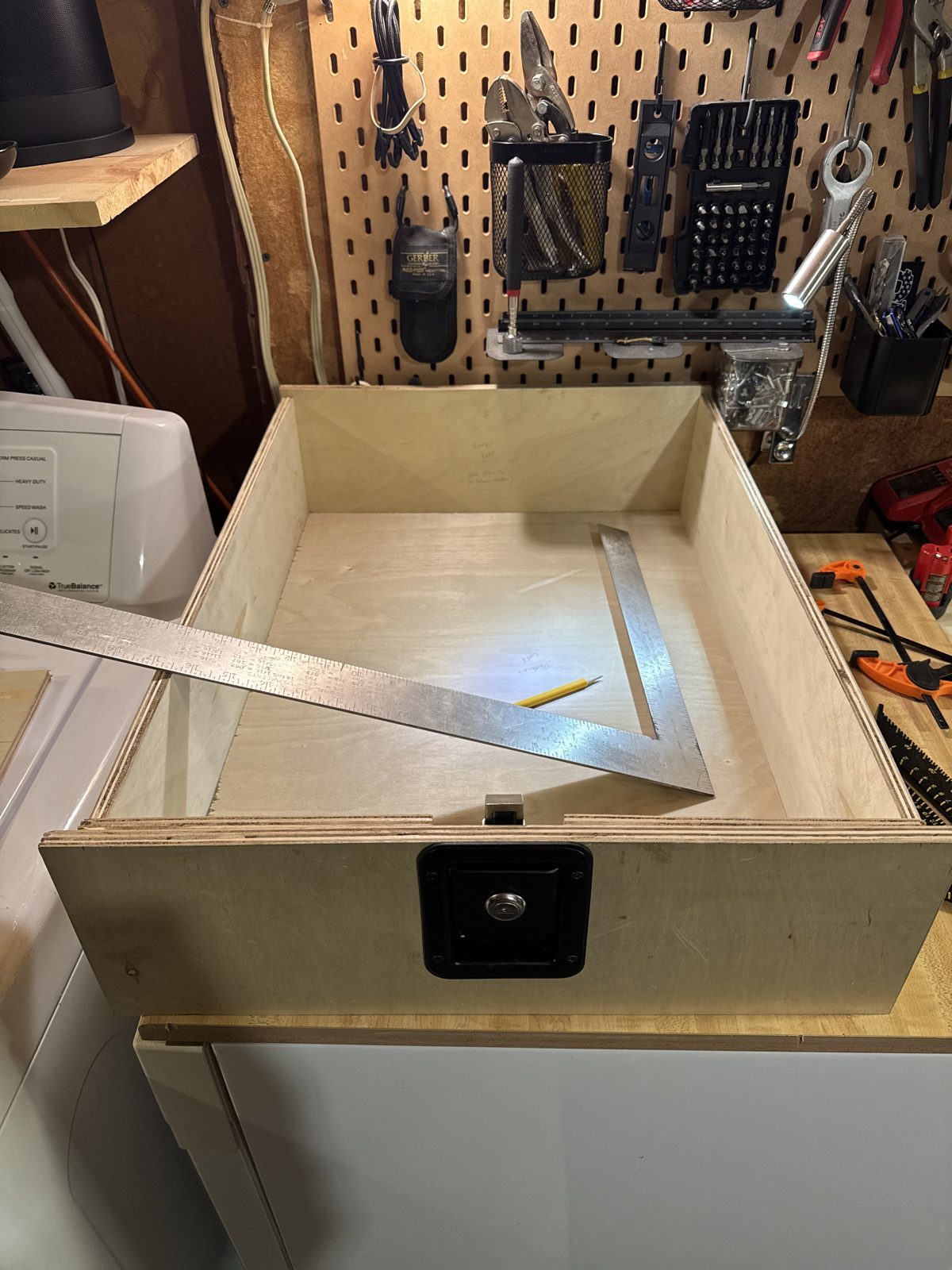 Squaring up a 1/2 inch birch drawer box with the 3/4 inch front and latch already on