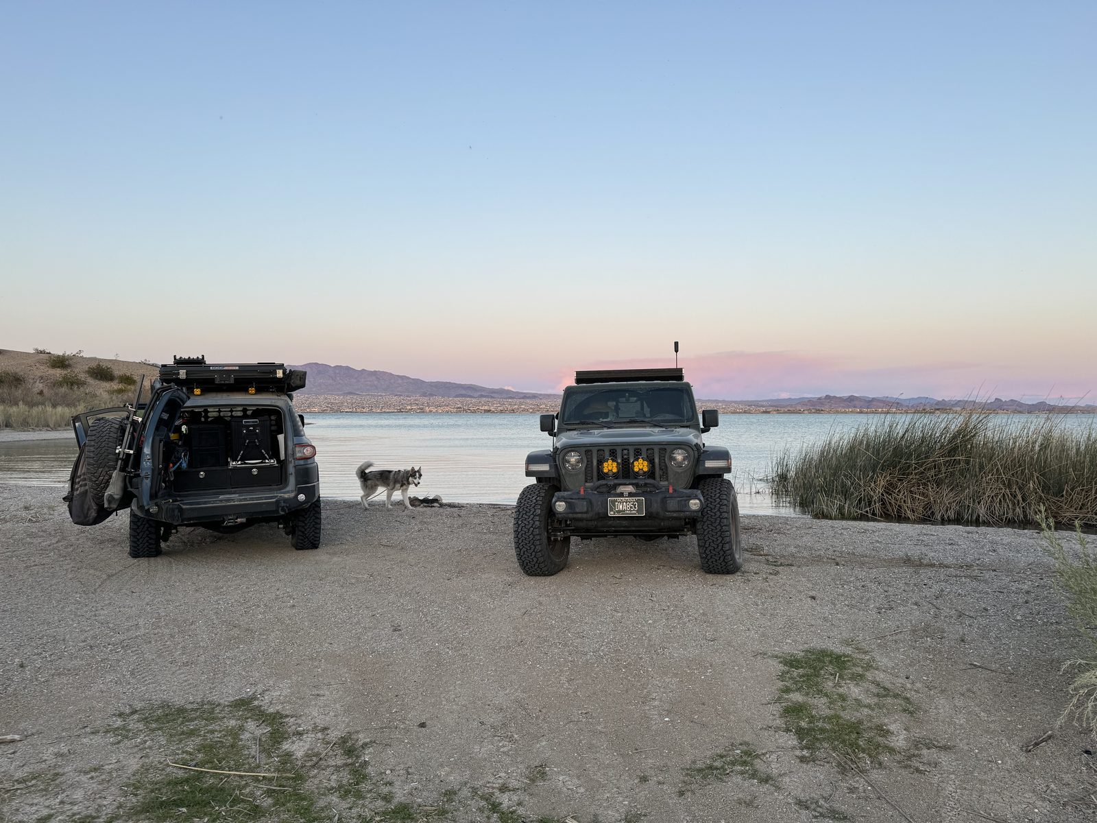 The Gladiator and the FJ parked on a beach at Lake Havasu at dusk