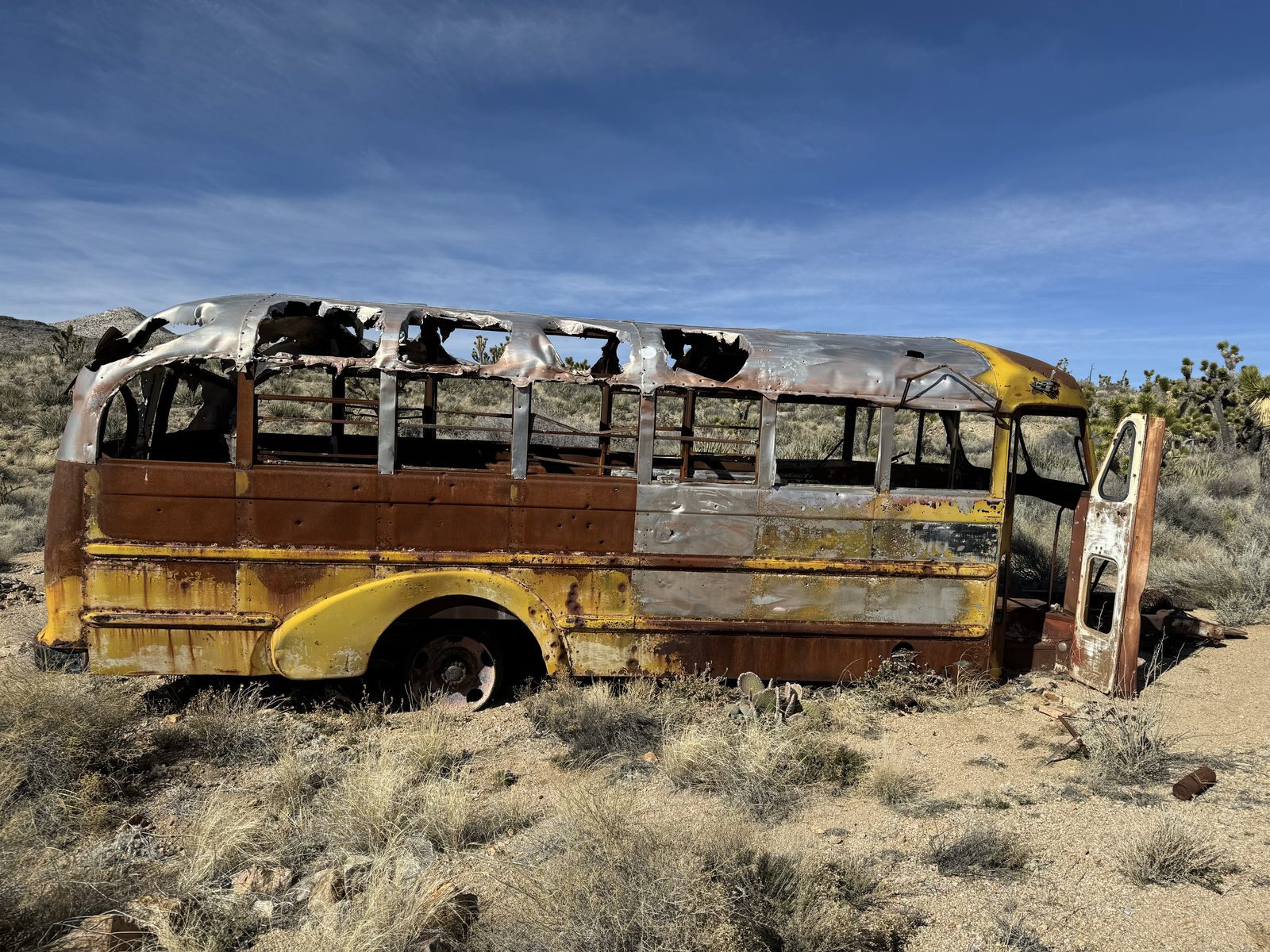 The burned-out school bus on the Mojave Road