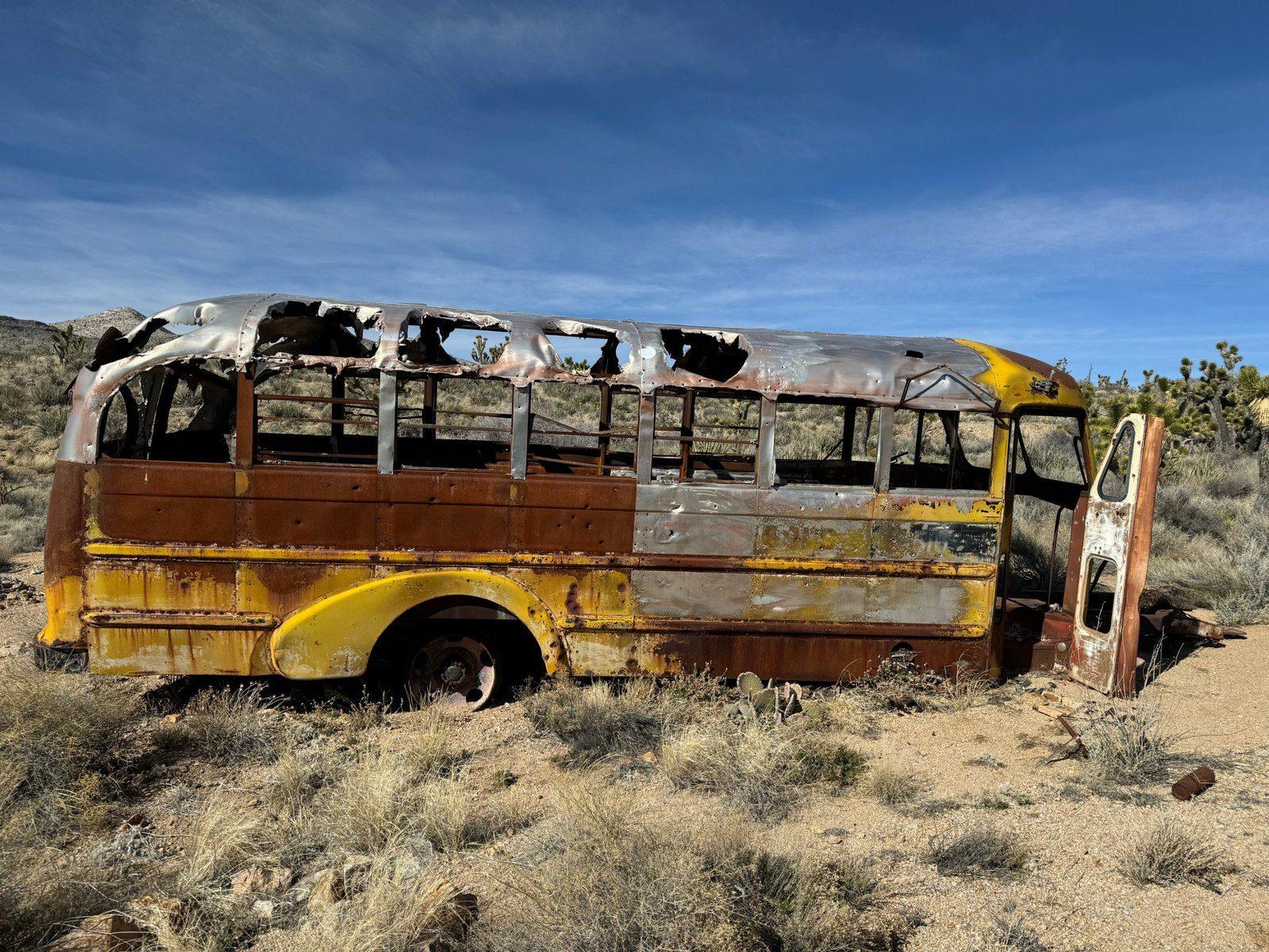 The burned-out school bus on the Mojave Road