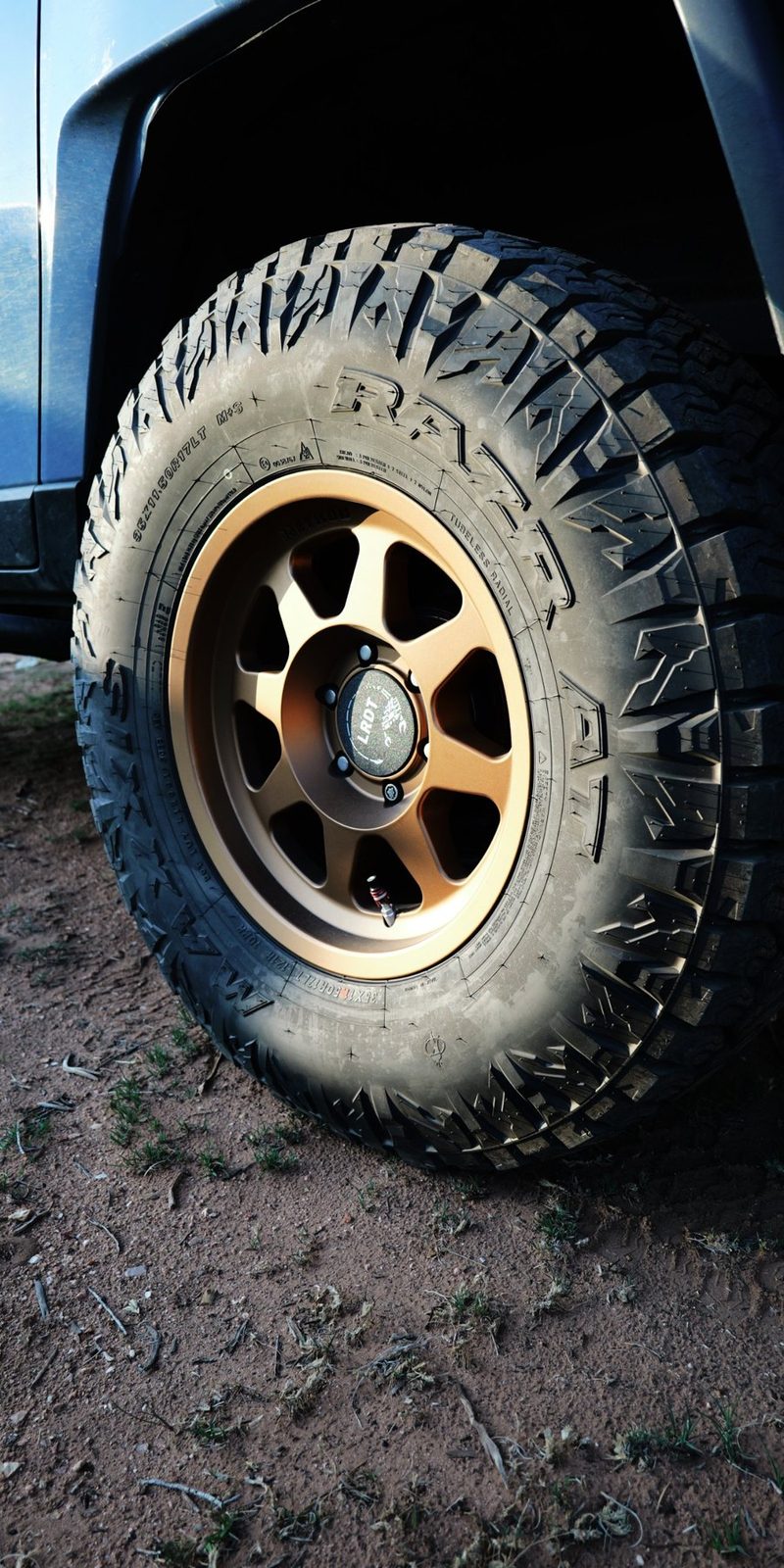 Cap on the wheel at golden hour